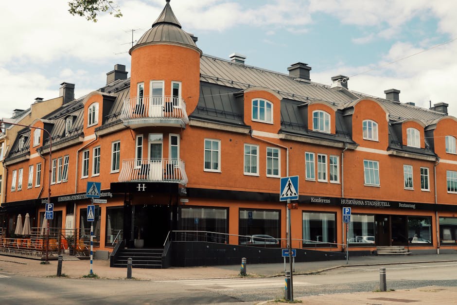 View of the Huskvarna Stadshotell, an iconic building in Huskvarna, Sweden.